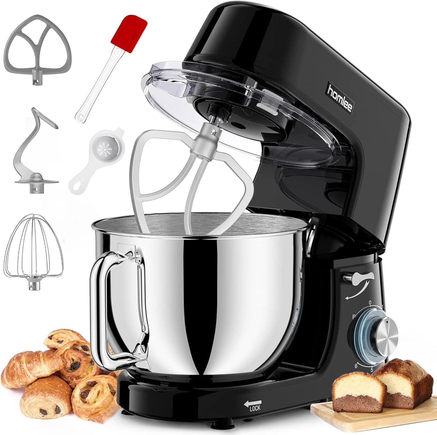 Robot Patissier Homlee 1800W 7,2L Professionnel Robot Ptissier Petrin Multifonctions Robot Cuisine Faible Bruit Batteur sur Socle avec Bol en Acier Inoxydable,Fouet,Batteur,Crochet,6 Vitesses
