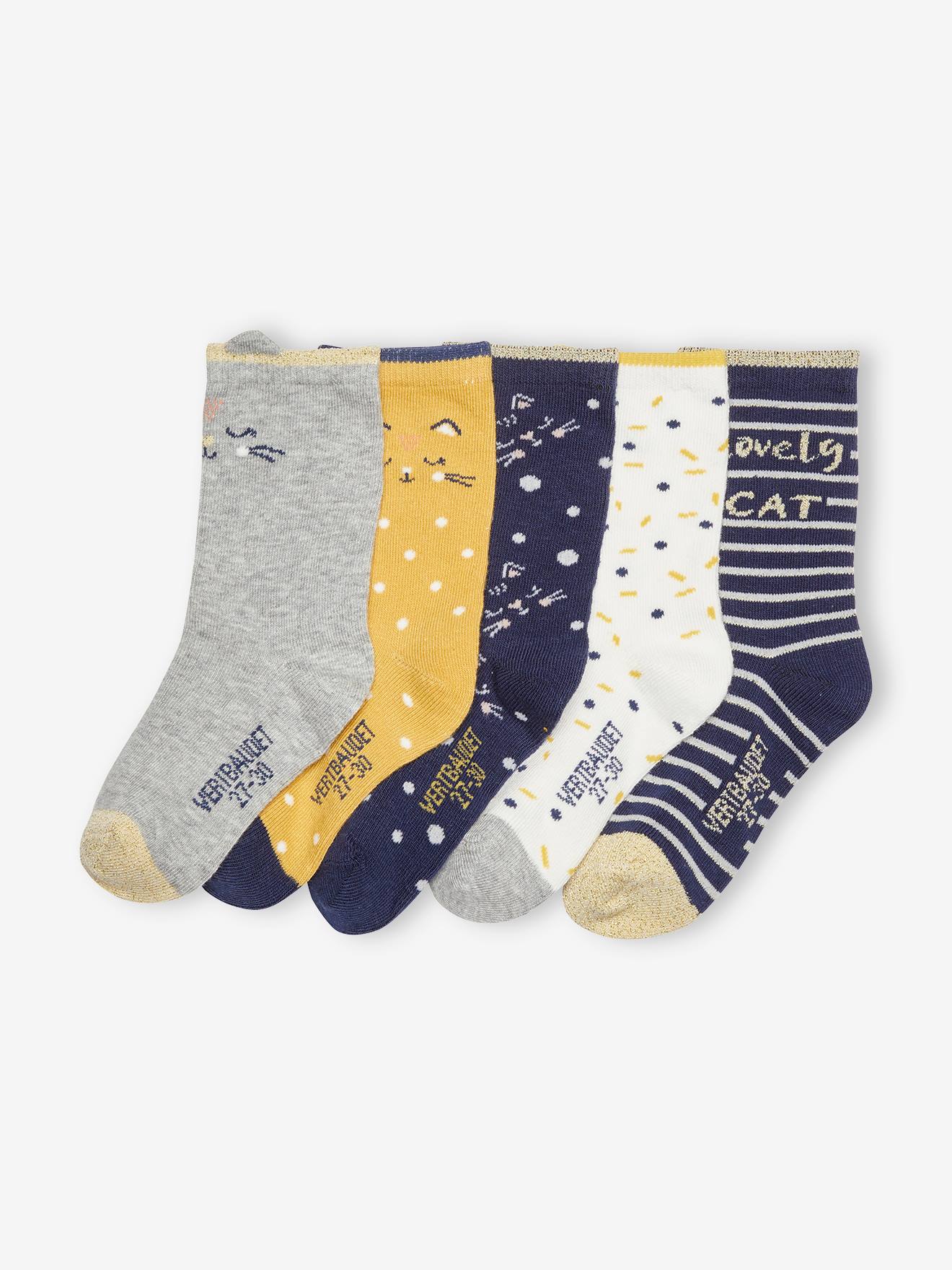 Pacote com 5 pares de meias de gatinho, cor off-white para meninas.