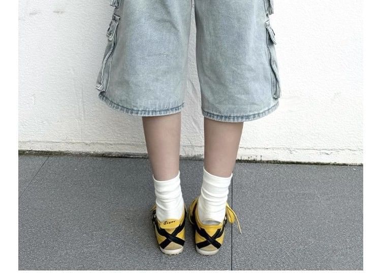 Striinkie - Hoge taille gewassen wijde cargo denim jorts