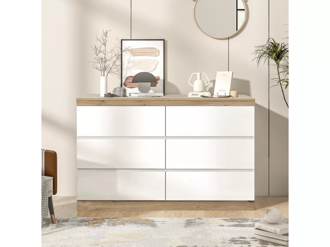 Casier avec 6 tiroirs avec fonction de rangement pour chambre et salon E1 panneau de particules blanc + chêne