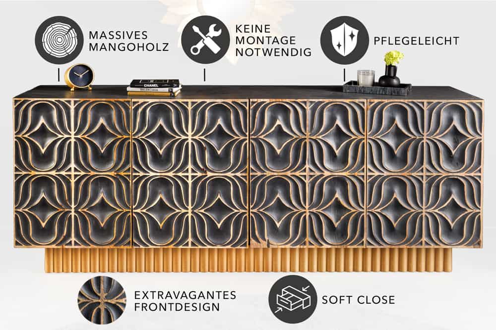 Handgefertigtes Sideboard PIAZZA SAN MARCO 180cm grau gold Mangoholz massiv 3D-Design