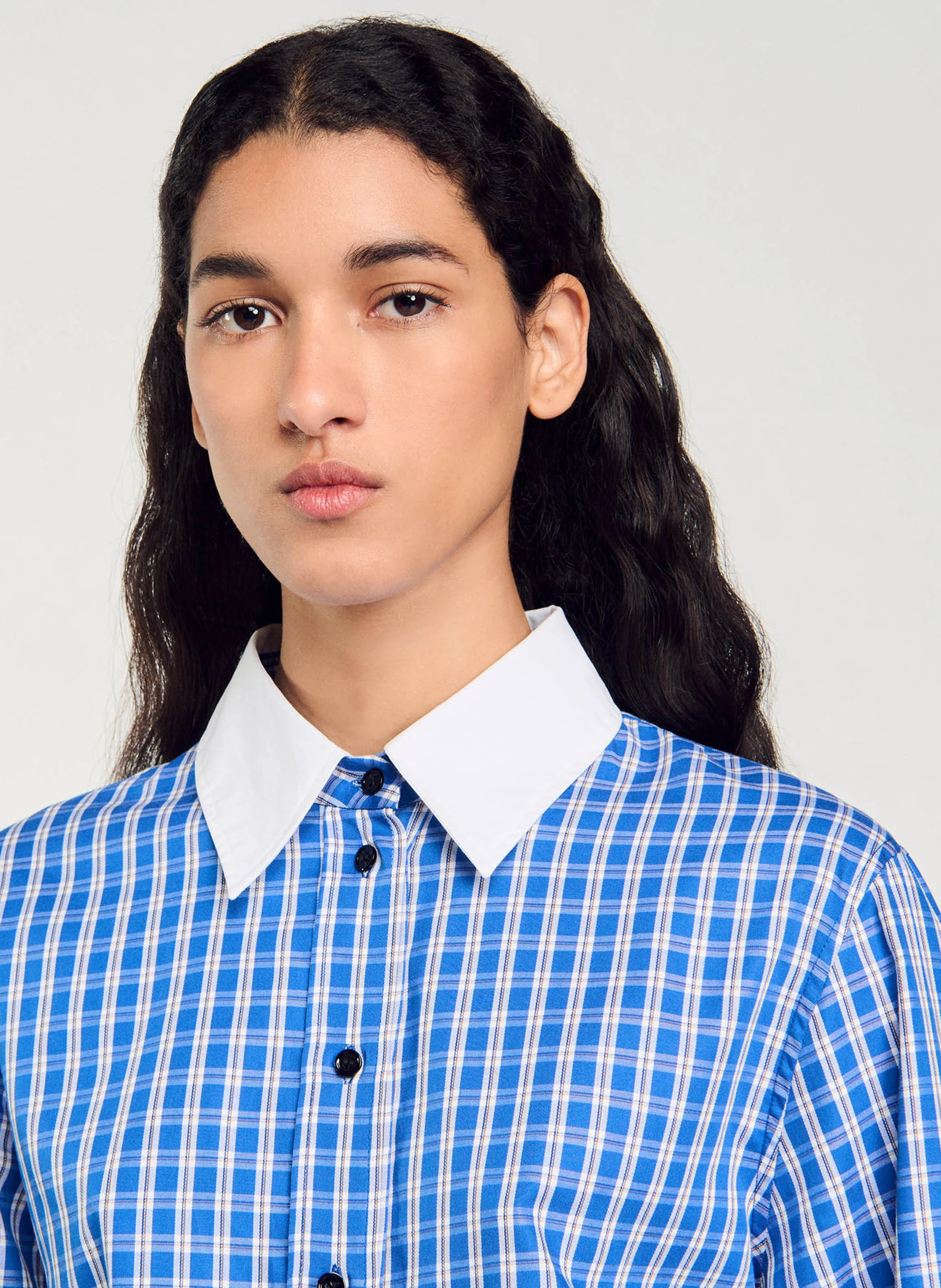 Chemise courte droite col classique en coton imprimé | Bleu