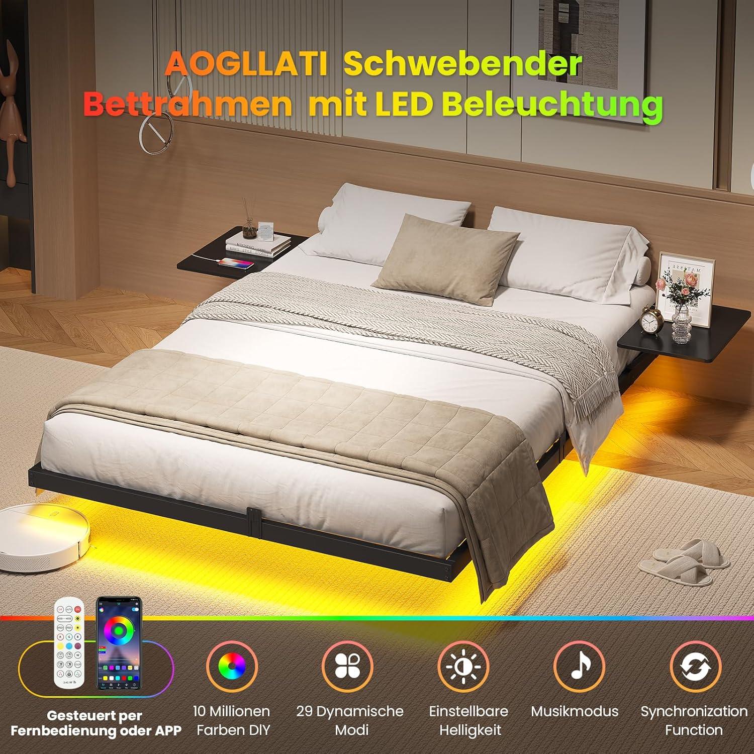 AOGLLATI Bettgestell 140x200 Bett 140x200 aus Metall mit LED Beleuchtung und Ladestation Schwebender Bettrahmen mit Aufbewahrungsregalen Metallbett mit Lattenrost Doppelbett Schwarz (Ohne Matratze)