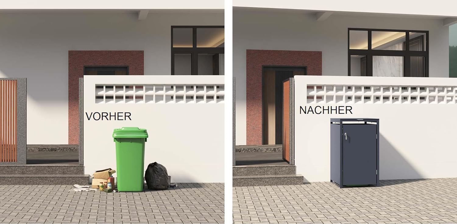 SCHARTEC® Mülltonnenbox 1er in anthrazit Einhandbedienung & erweiterbar 240l Mülltonnenverkleidung Mülltonnen Sichtschutz Unterstand