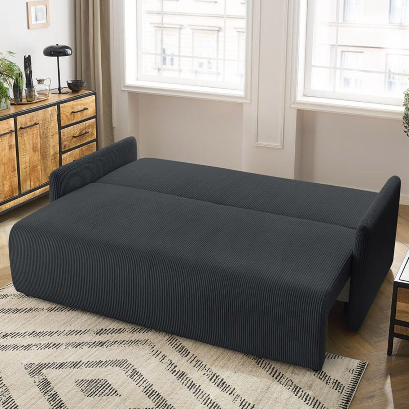 Bobochic Canapé convertible coffre marcel velours côtelé gris foncé  - 211x100x86 cm