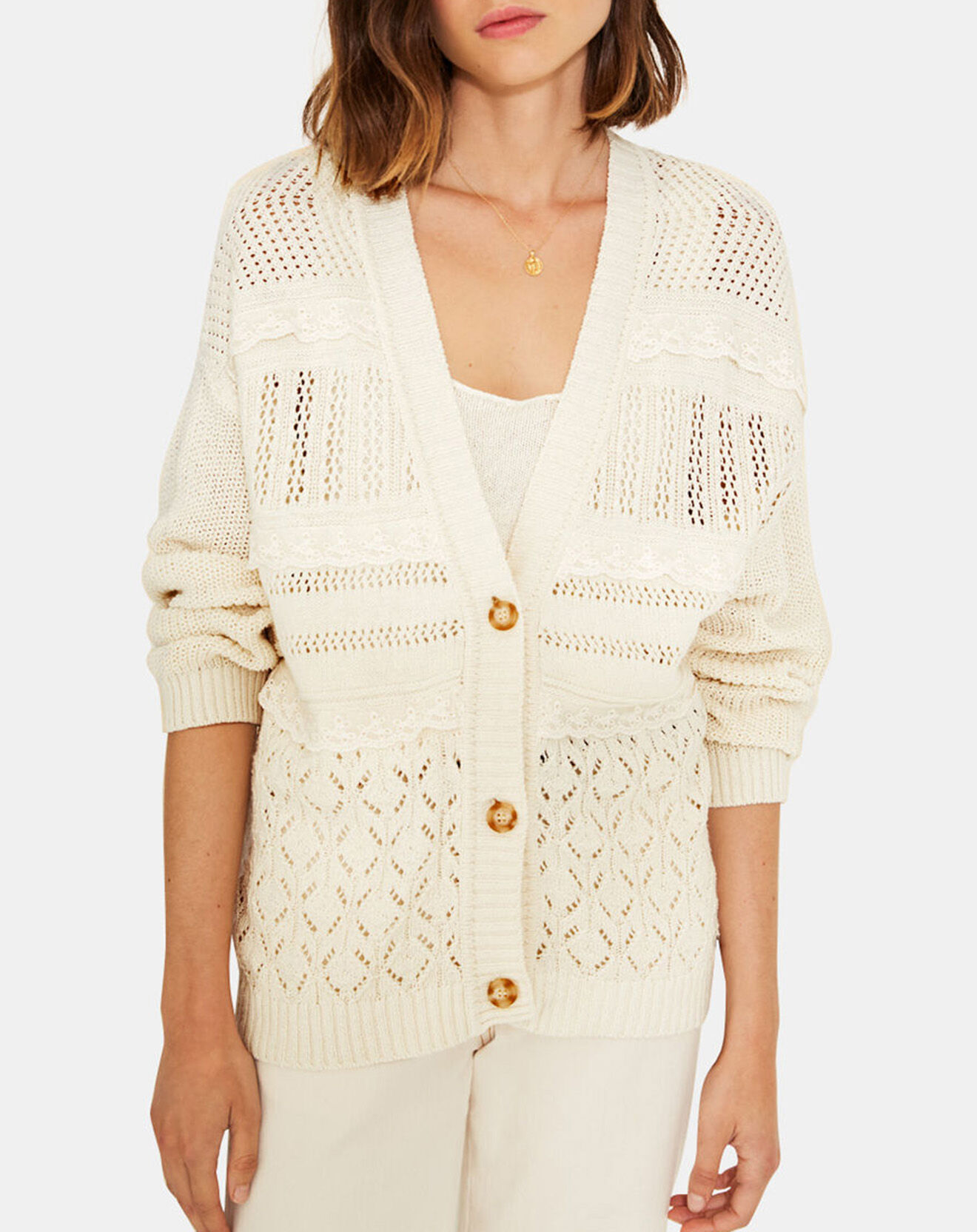 Yerse Gilet en Lin mélangé maille fantaisie Daisy écru