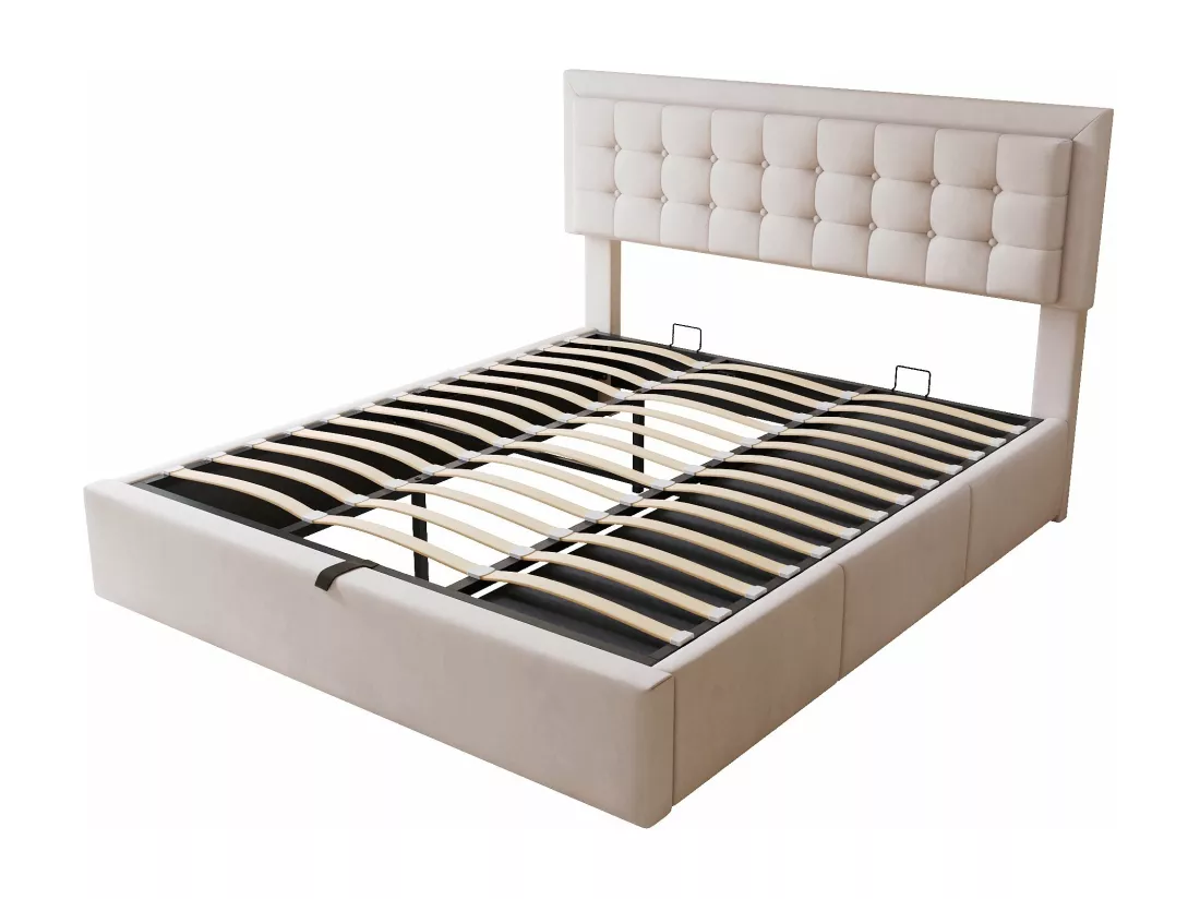 Lit capitonné hydraulique 160 x 200, points de tension sur la tête de lit, sommier à lattes, lit double avec 3 tiroirs, lin, beige