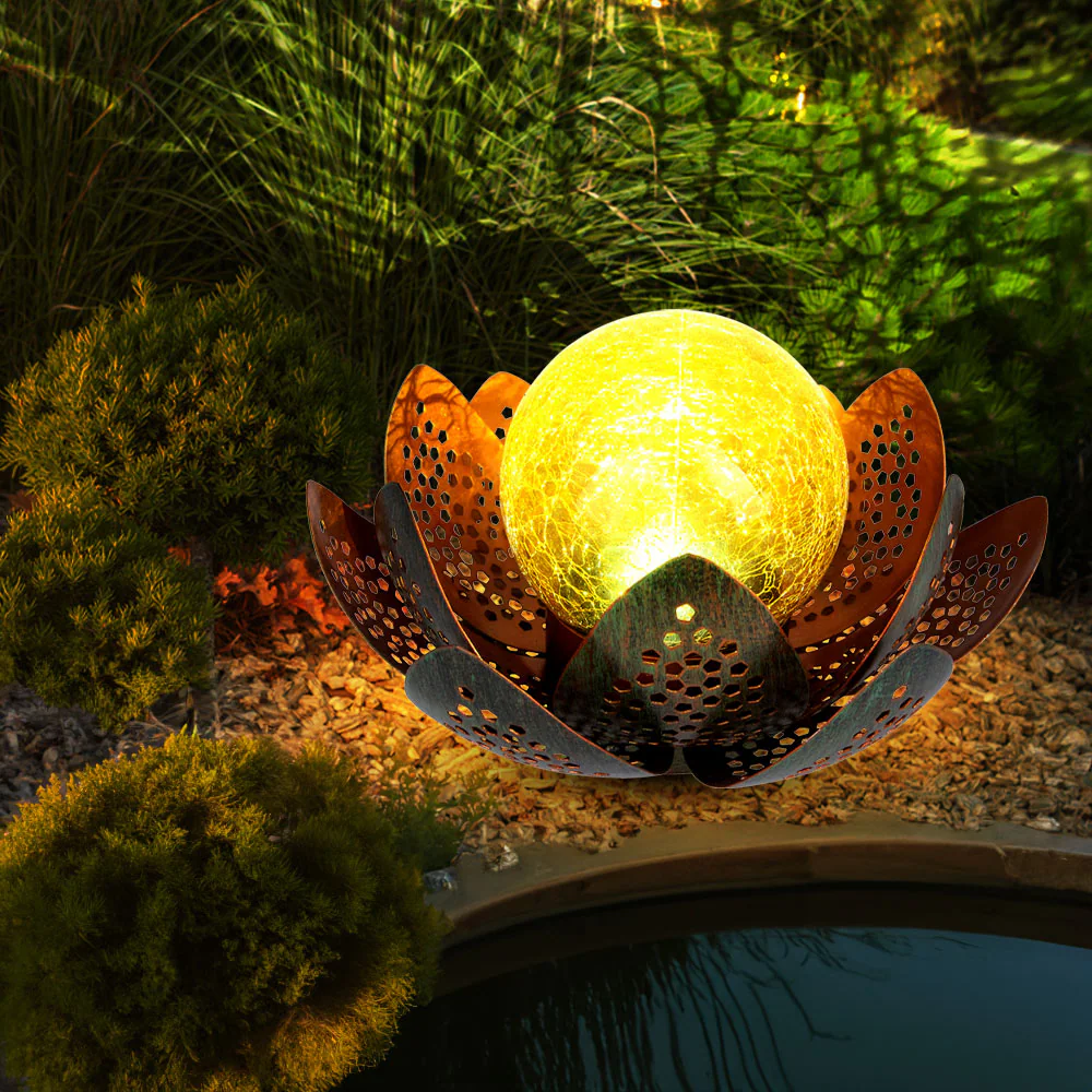 LED Solarleuchte, Lotusblume, Kugel, Crackle-Glas, 35 cm