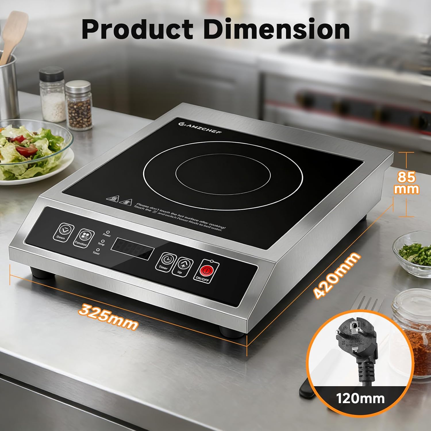 AMZCHEF Gewerbliches Induktionskochfeld 3500W, Tragbares Induktionskochplatte, 21 Leistungs- & 20 Temperaturstufen, Edelstahlgehäuse, 10H-Timer, Geeignet für Professionelle Catering Küche Restaurant