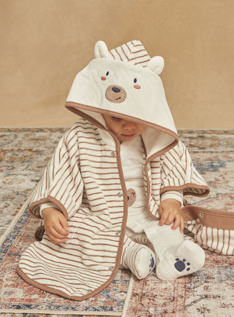 Cape de bain à capuche beige à imprimé à rayures