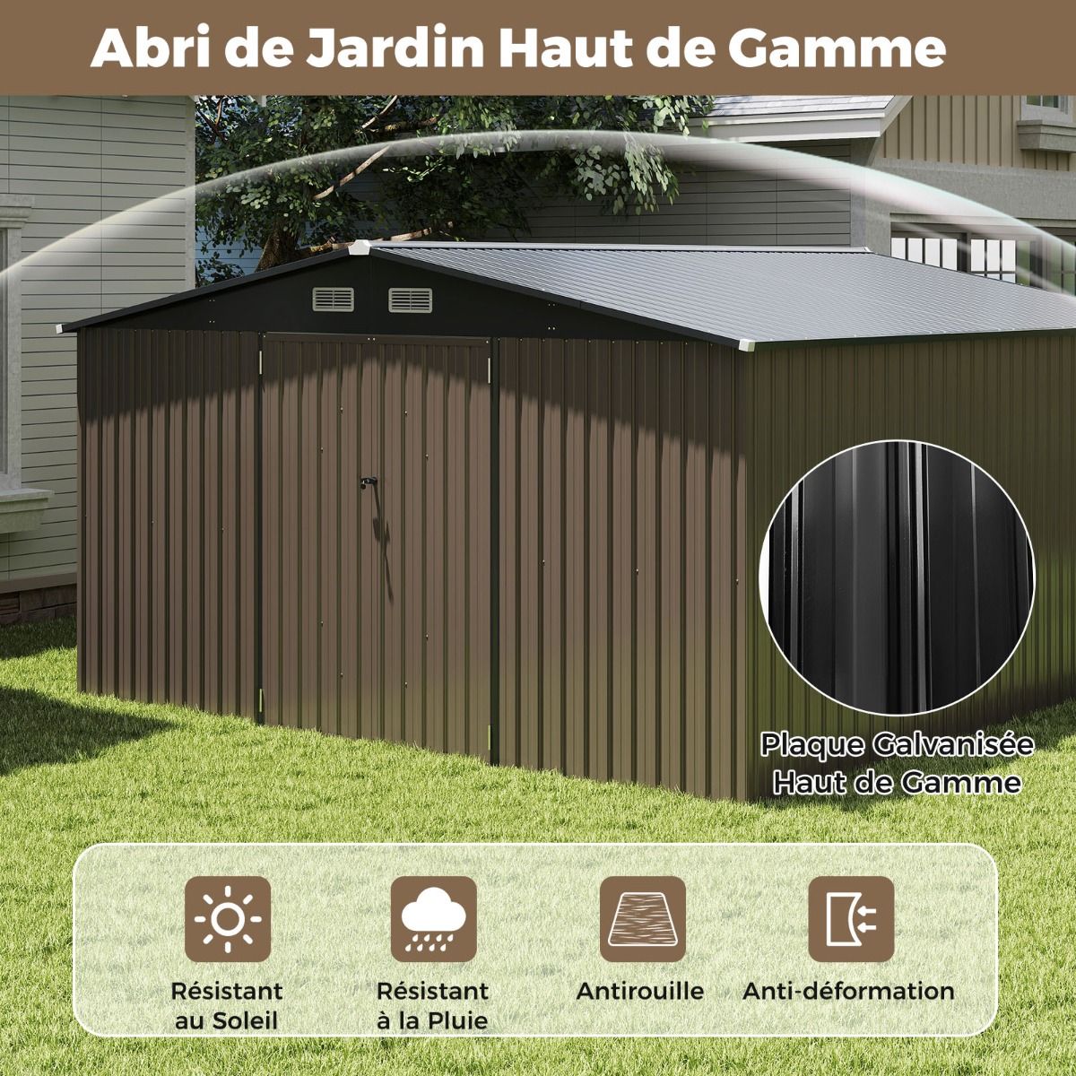 Abri de Stockage Extérieur Grand Hangar à Outils avec Design de Toit Incliné Portes Fermables avec Clés 4 Aérations 350x350x198cm Gris - Lidl-Manfred