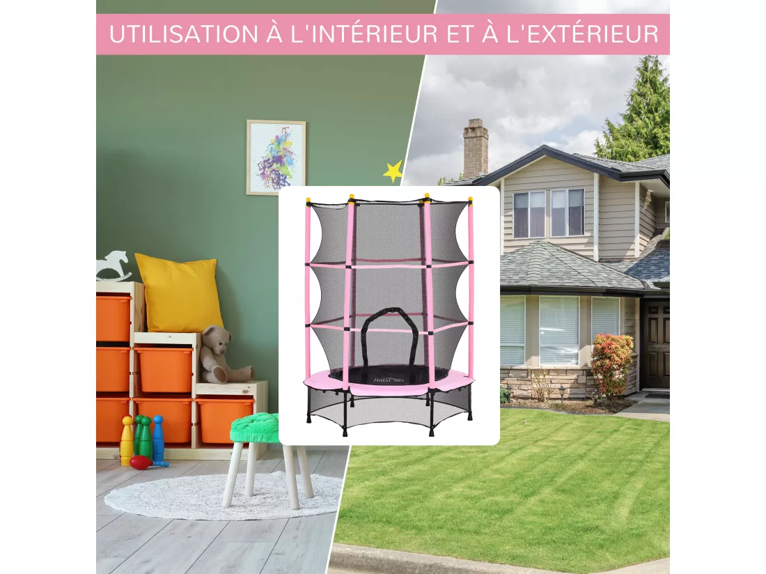 Trampoline de jardin enfants Ø 1,40 x 1,90H m filet de sécurité porte zipée couvre-ressorts + 6 poteaux rembourrés inclus rose
