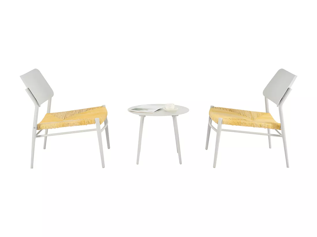 Lot de 2 fauteuils de jardin en aluminium - avec une table basse - tapis en rotin PE - Blanc