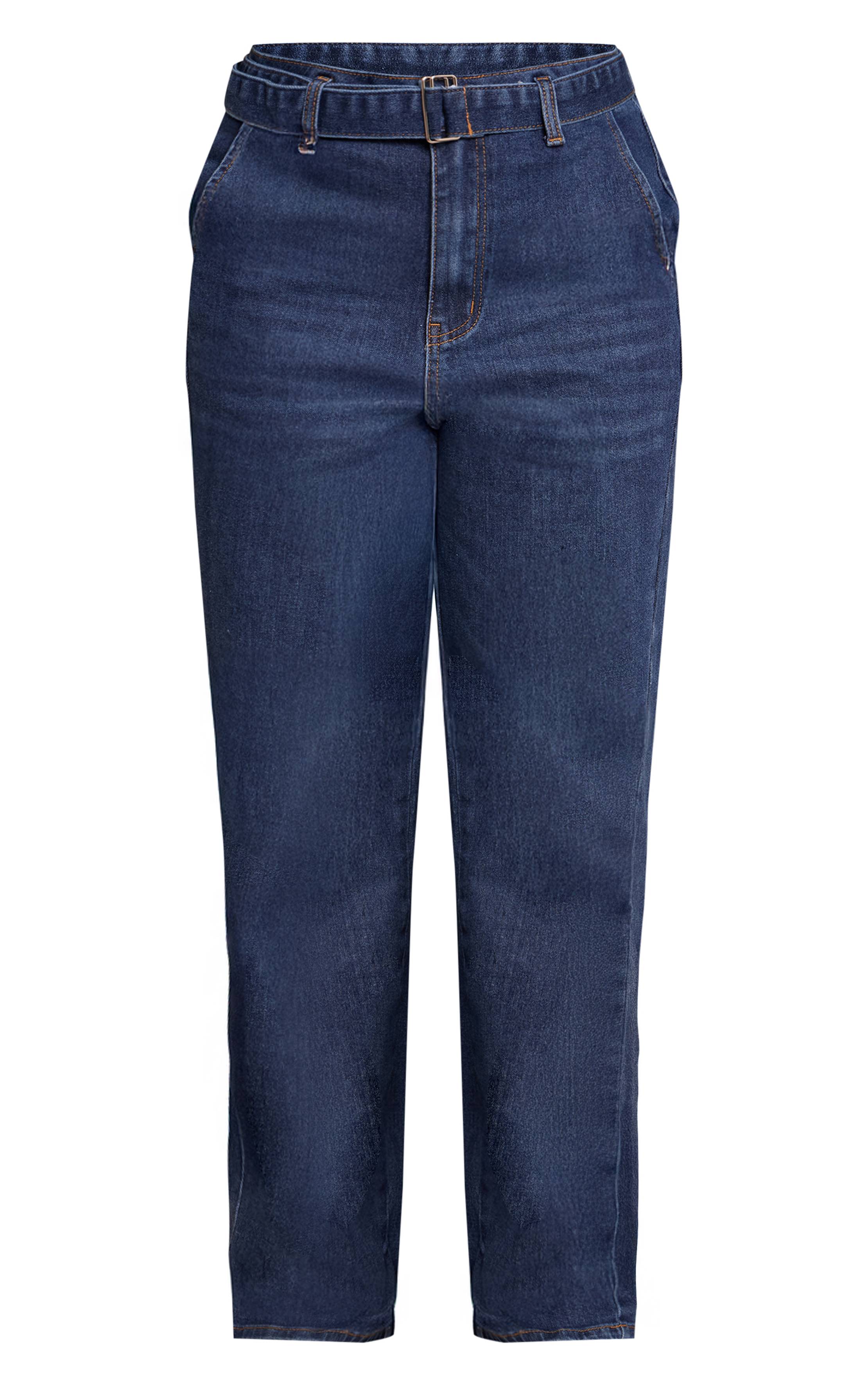 Bleu Indigo Jean Large Taille Haute Ceinturé En Denim Stretch Shape