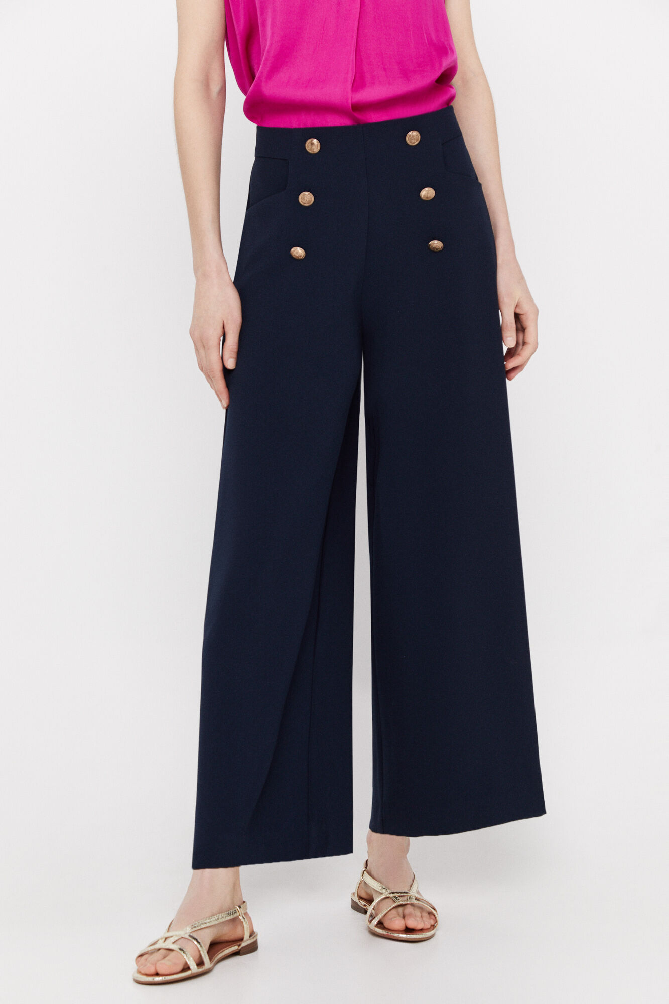 Calça cropped com botões - Azul marinho