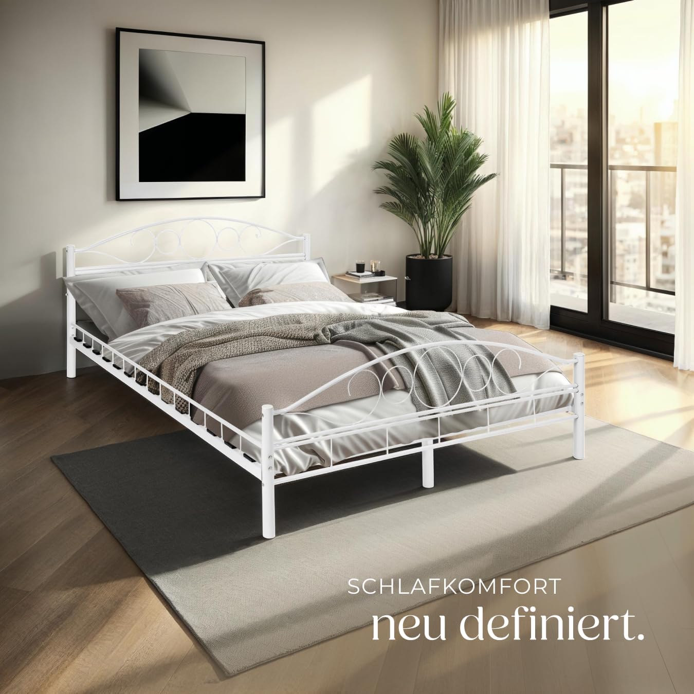 tectake® Metallbett, Bettgestell mit Lattenrost, Einzelbett, Doppelbett aus Metall, Bettrahmen mit Kopfteil Bett für Schlafzimmer, Gästezimmer, Gästebett, Jugendzimmer - 200 x 140 cm, weiß/weiß