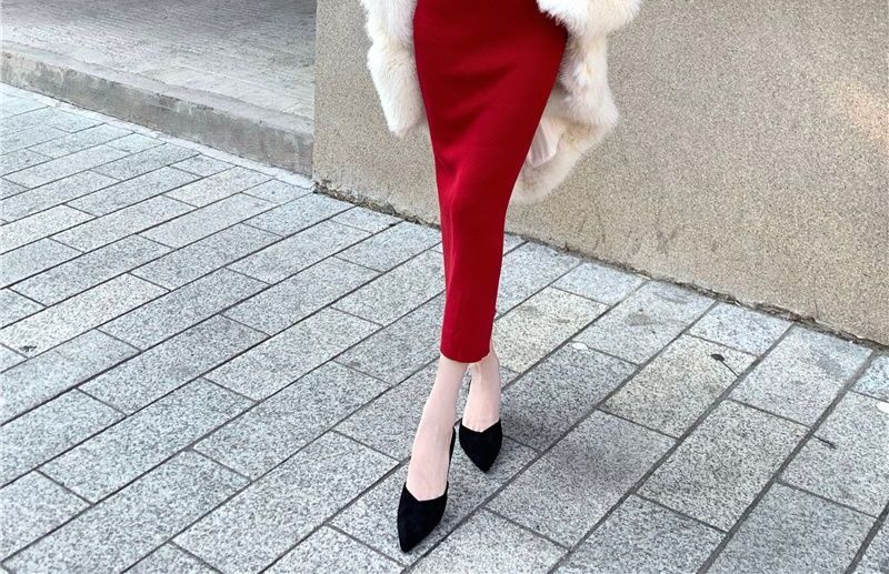 WOW!NITE - Lange mouw off-shoulder gebreide midi-jurk