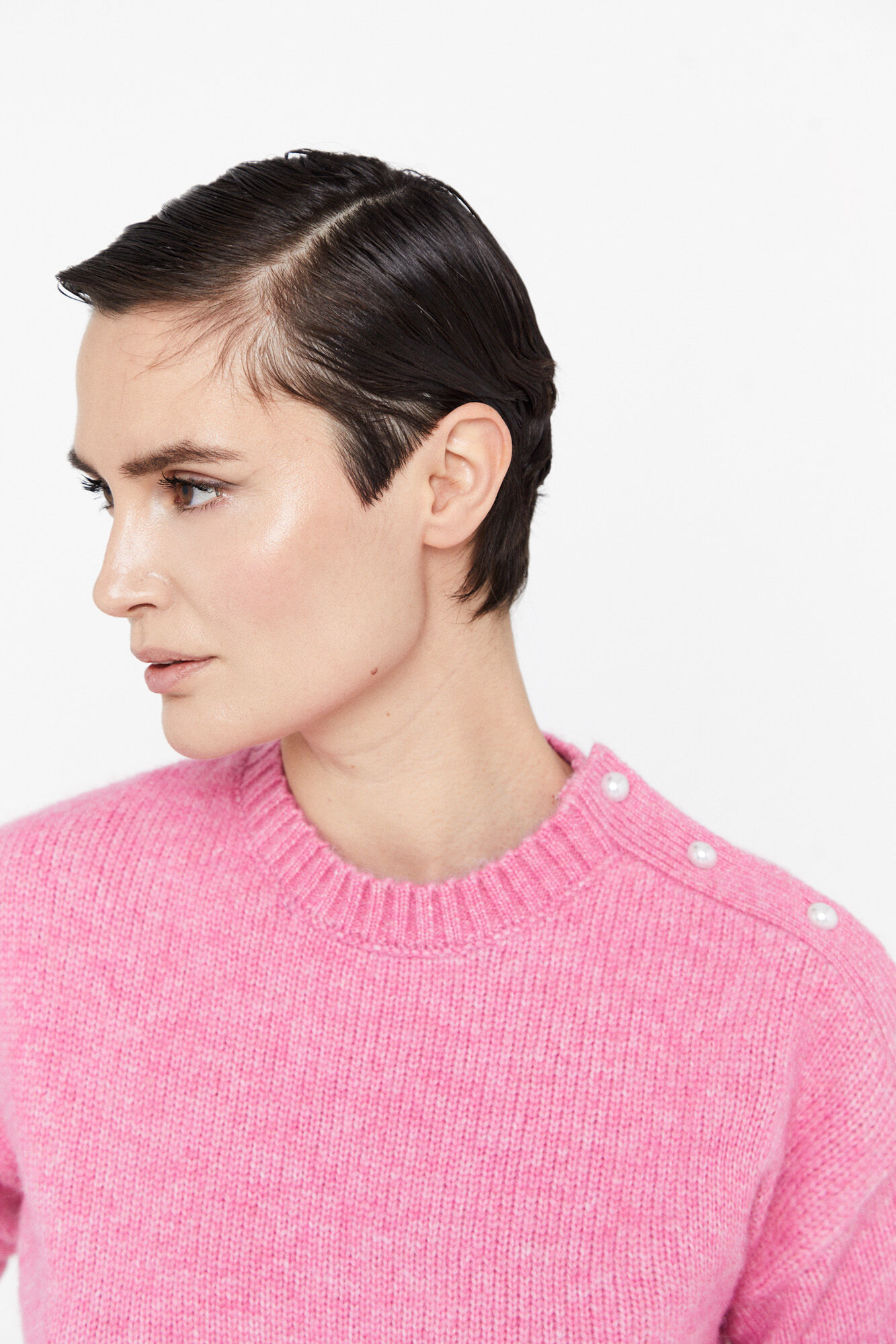 Camisa de malha com botões de pérola - Rosa