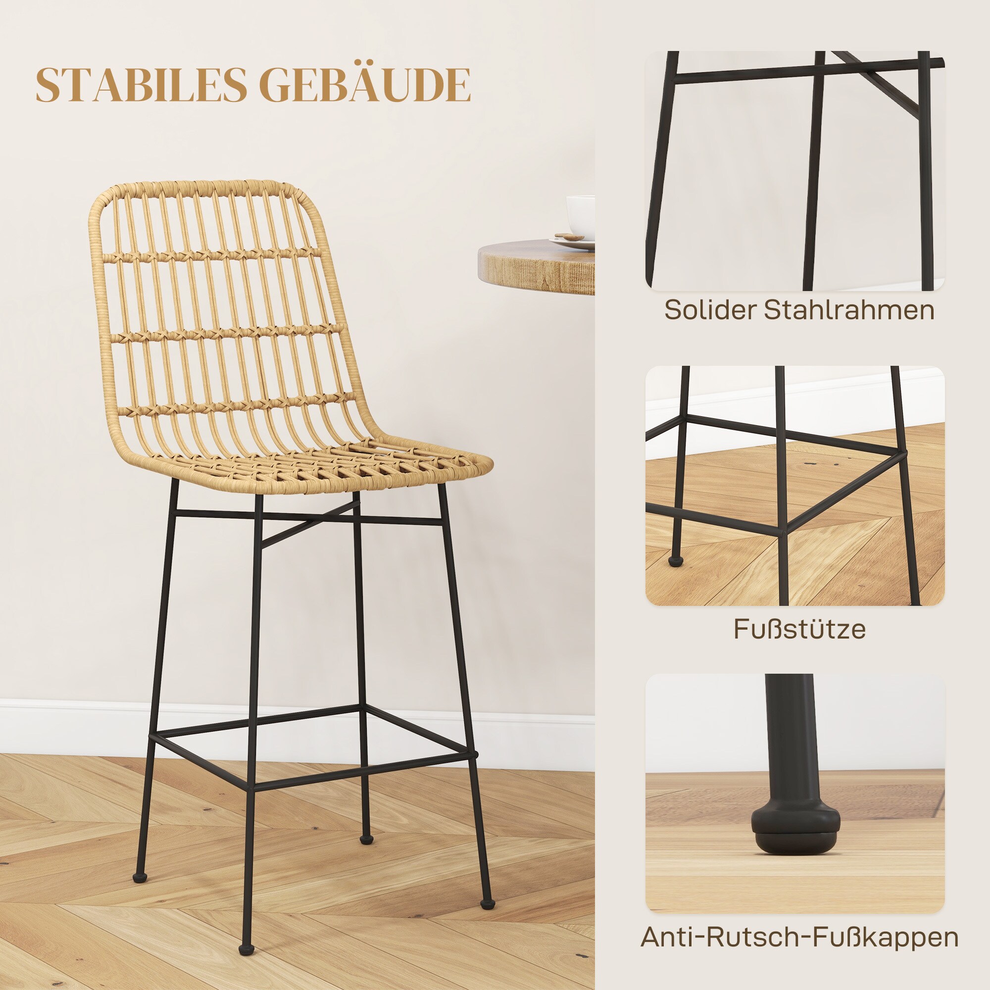 HOMCOM Barhocker mit offenem Sitzgeflecht gelb 45L x 53,5B x 105H cm