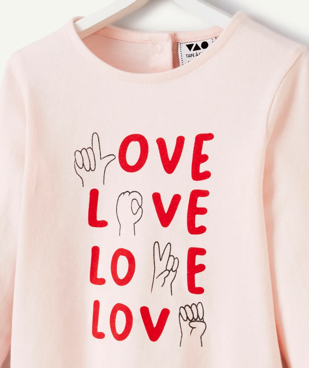T-SHIRT BÉBÉ FILLE EN COTON BIO ROSE AVEC MESSAGES ANIMÉS LOVE
