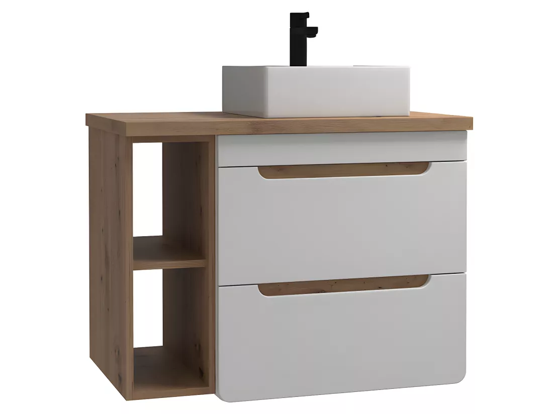 Meuble de salle de bain suspendu simple vasque et niches - Coloris naturel et blanc - 80 cm - ARUBA