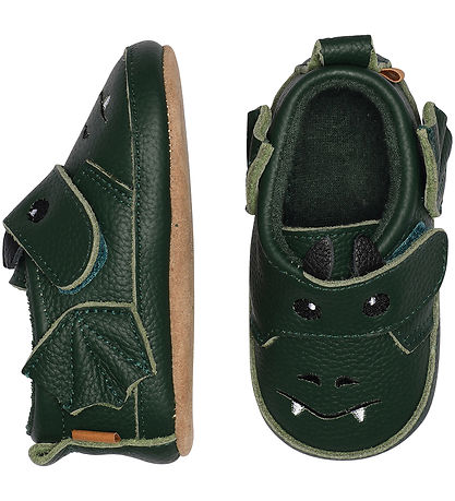 Melton Leder-Krabbelschuhe - Dark Green m. Drache