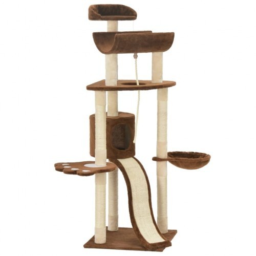 Arranhador marrom para gatos com hastes de sisal.