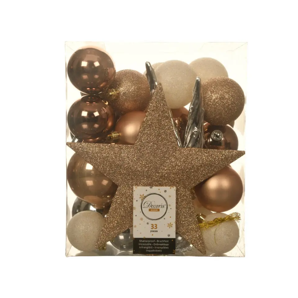Decoris kerstballen - 34-dlg - bruin/wit/zilver - kunststof