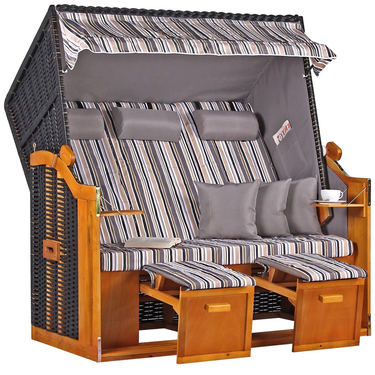Baltische strandstoel, driezits, PE, zwart, olijfgrijs design