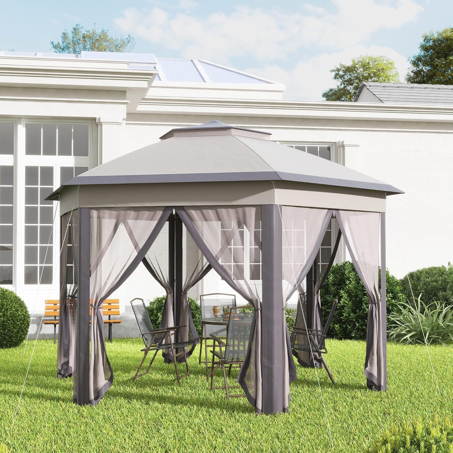 Outsunny Pavillon 4x4m Wasserdicht Pop-up sechseckiger Faltpavillon, Doppeldach, Gartenpavillon mit 6 Seitenteilen, Partyzelt inkl. Tragetasche, für Garten, Terrasse, Festival, Kaffee+Beige