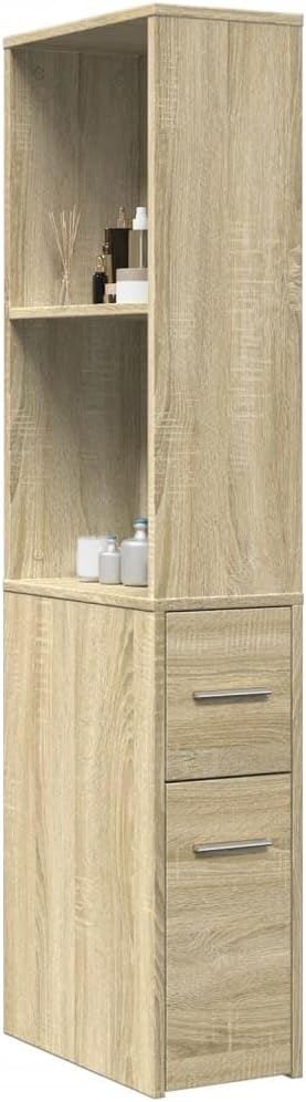 Schmaler Hochschrank Sonoma-Eiche 22 x 41 x 135 cm, rollbarer Aufbewahrungsschrank aus Holzwerkstoff mit Metallgriffen, platzsparender Spind für Bad Küche
