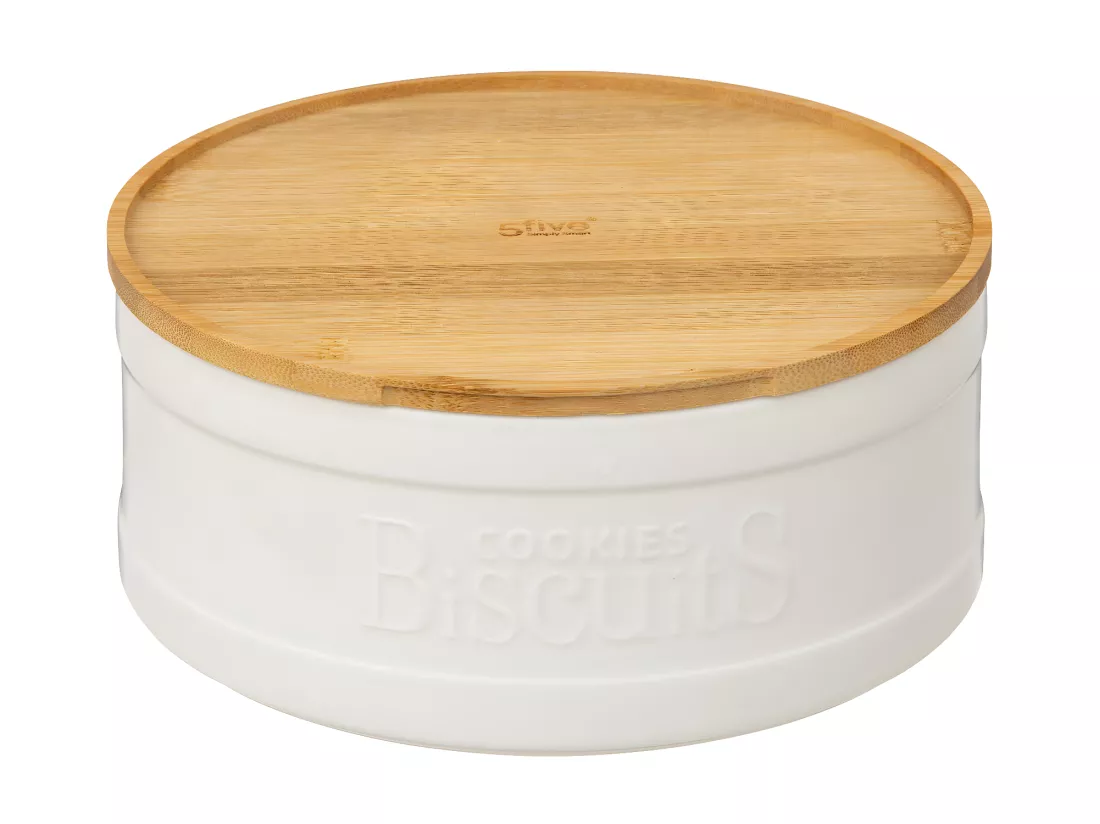 Boîte à biscuits en céramique Blanche et couvercle en Bambou