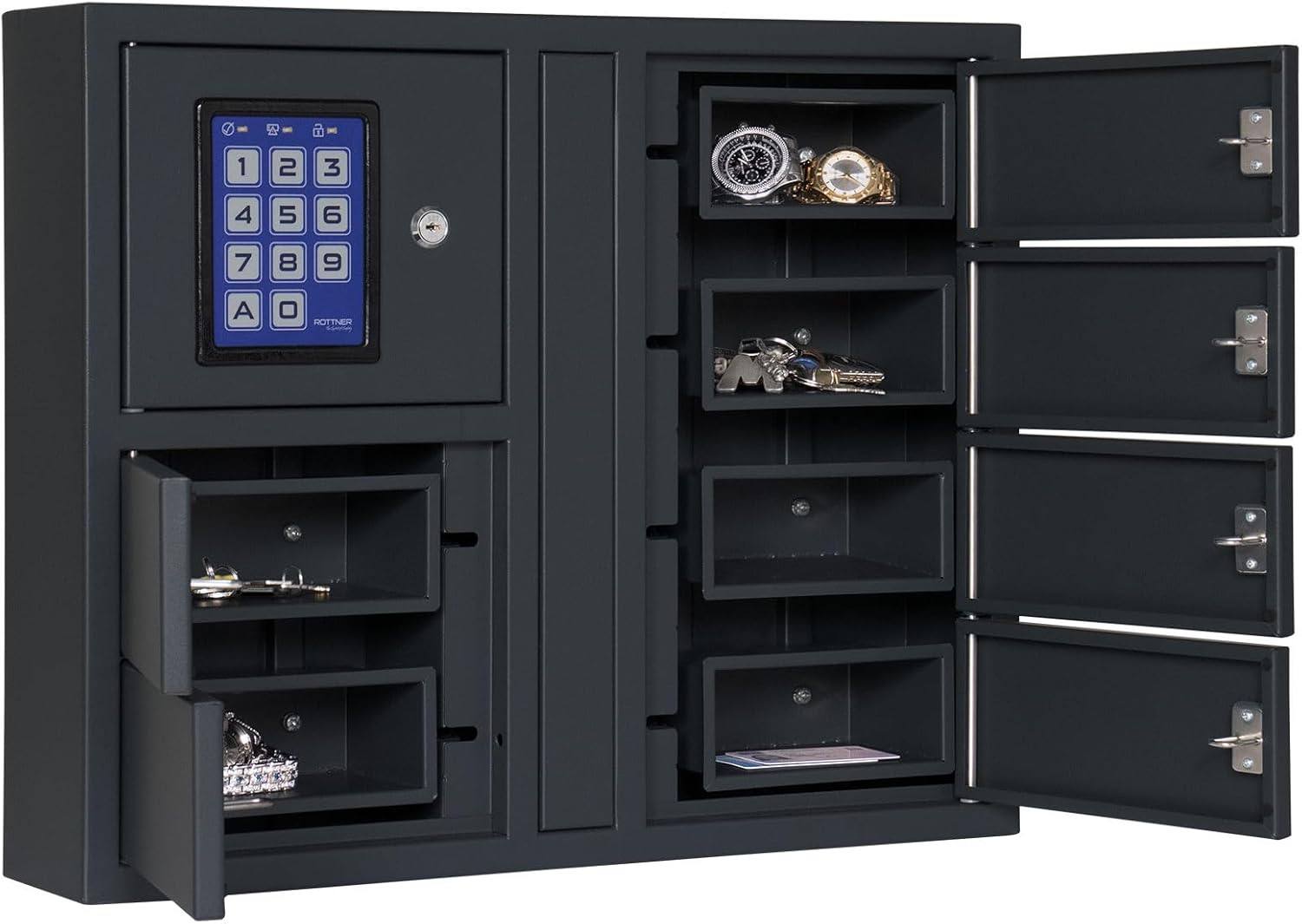 Rottner Schlüsselausgabe Key Depot 6 Stahl Elektronikschloss Notöffnung 6 Fächer inkl. Netzgerät Befestigungsmaterial