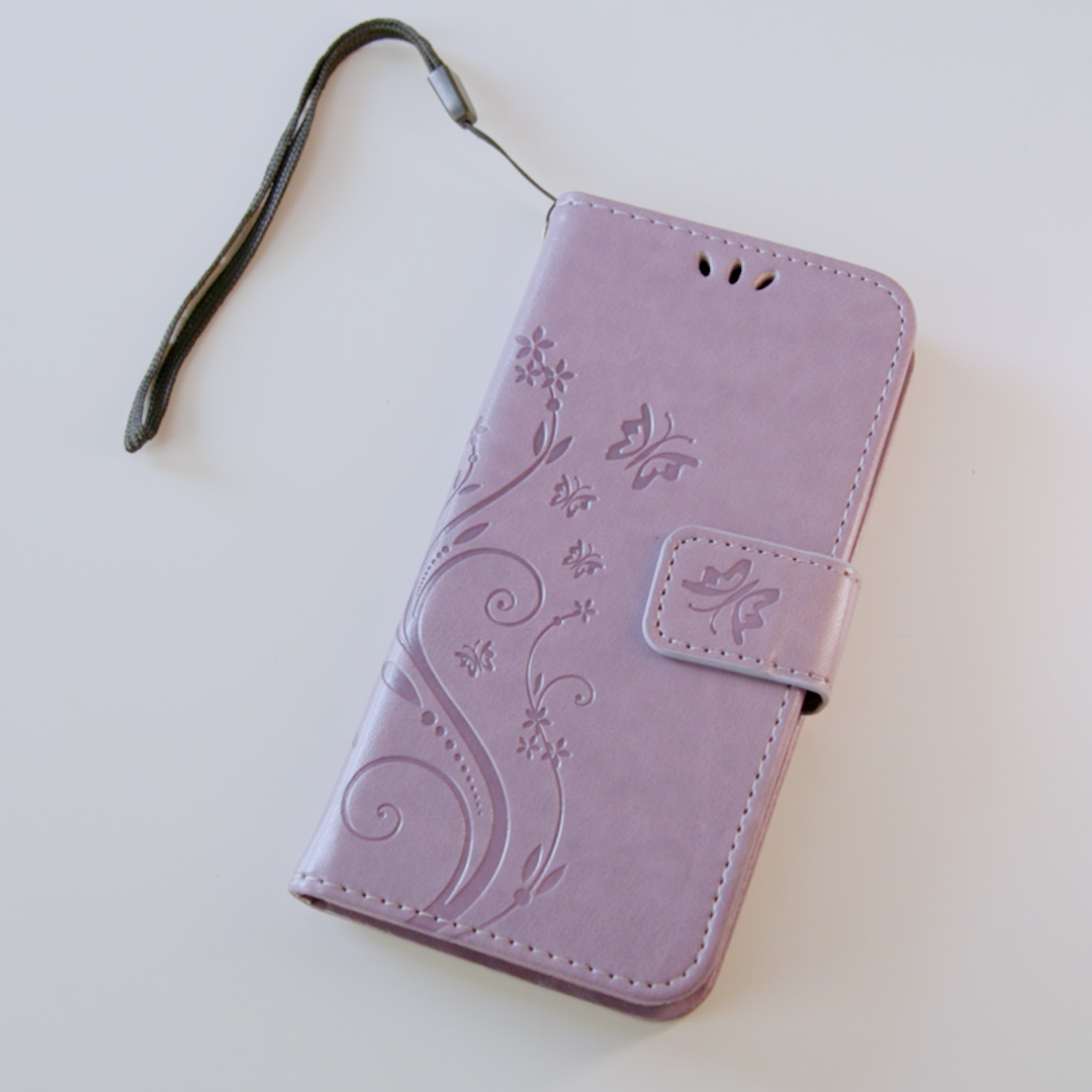 iPhone SE (2022/2020) / 8 / 7 Leder Tasche mit Kartenfach   Handschlaufe Butterfly Flowers - Lila