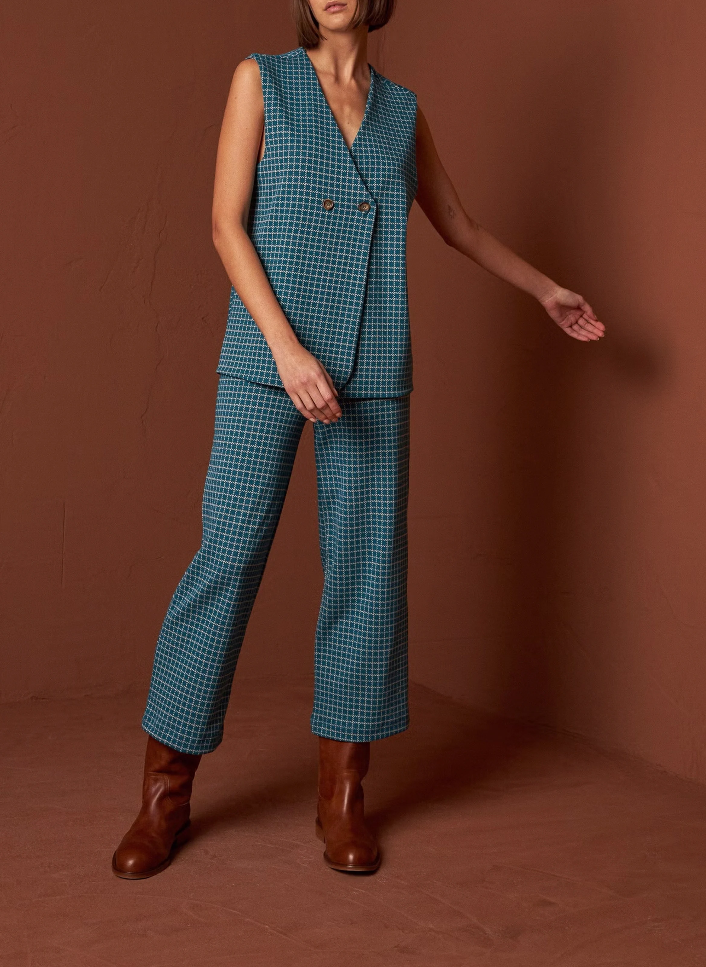 Gilet col V à carreaux | Bleu