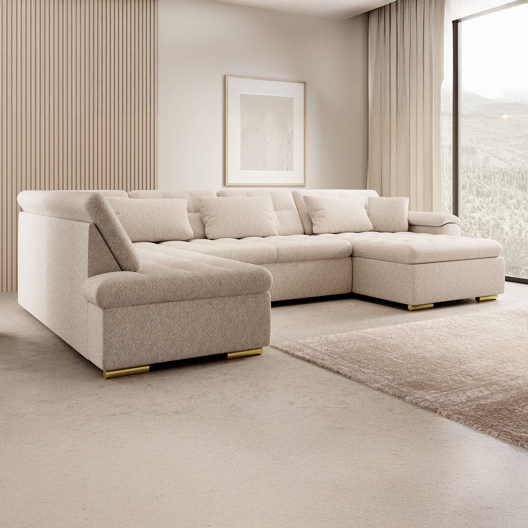 Nicoreta - Hoekbank 5-zits met chaise longue - Teddystof beige - Rechts