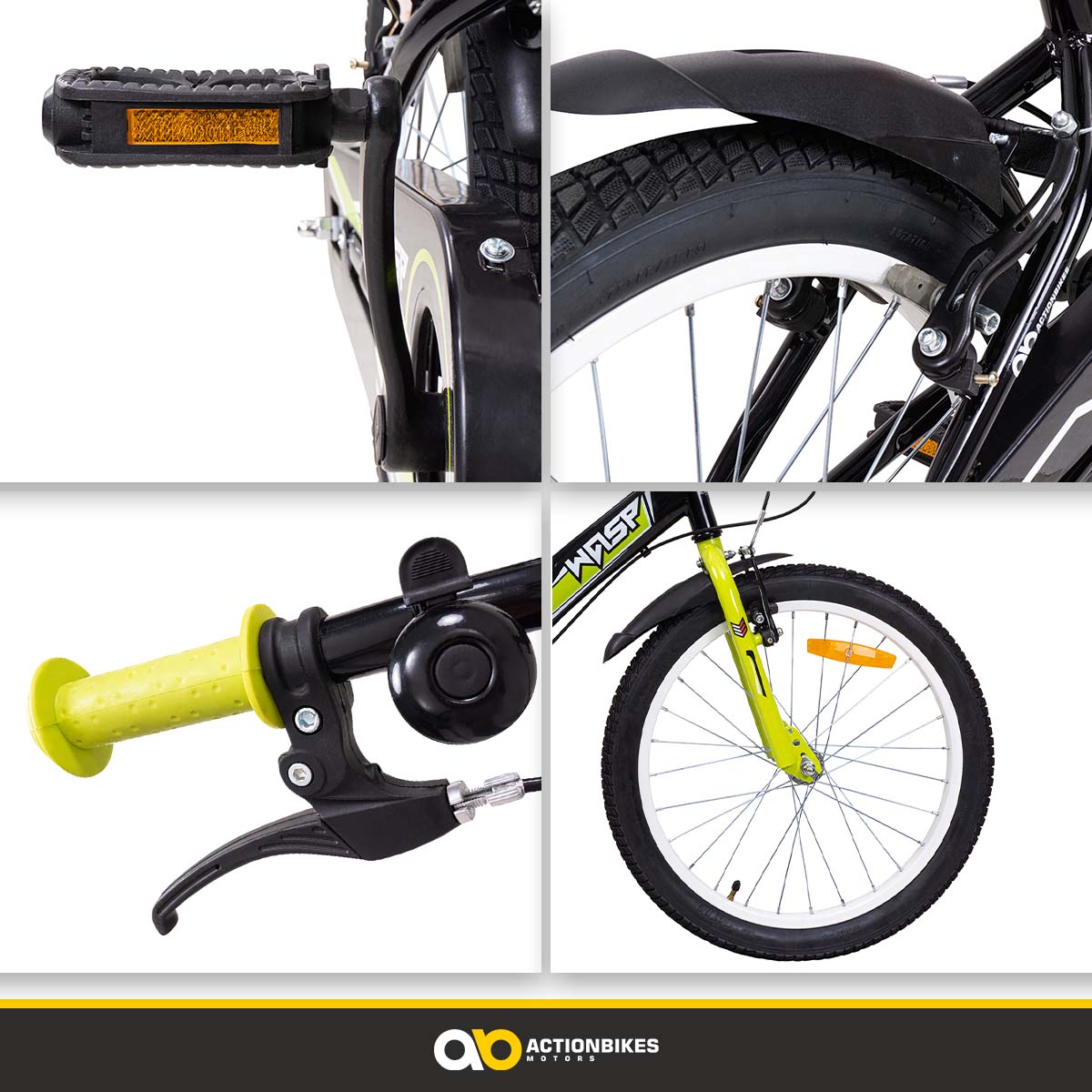 Actionbikes Kinderfahrrad Wasp 20 Zoll, Fahrradständer, Schutzbleche, verstellbar, V-Brake-Bremsen (Schwarz-Grün)