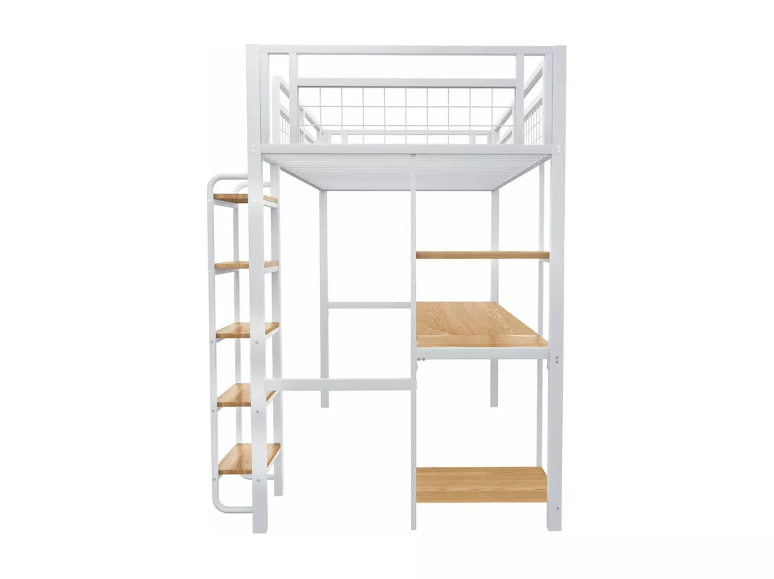 Lit mezzanine en métal, 90*200 cm, échelle de sécurité avec marches, lit simple avec table et étagère, barrière de sécurité en métal, blanc