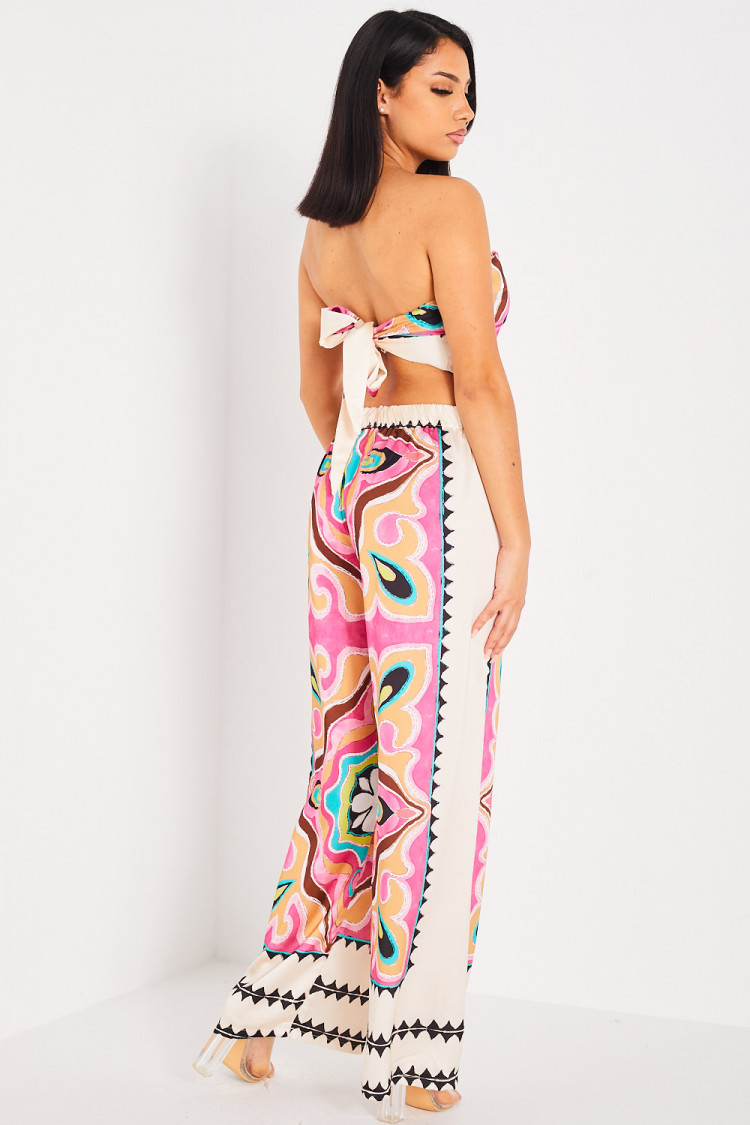 Ensemble 2 pièces crop top + pantalon beige abstrait