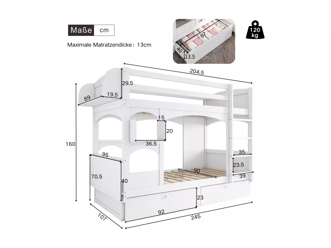 Lit superposé blanc pour enfants 90*200, en bois massif, avec table pliante et étagère, avec échelle et 2 tiroirs, sans matelas