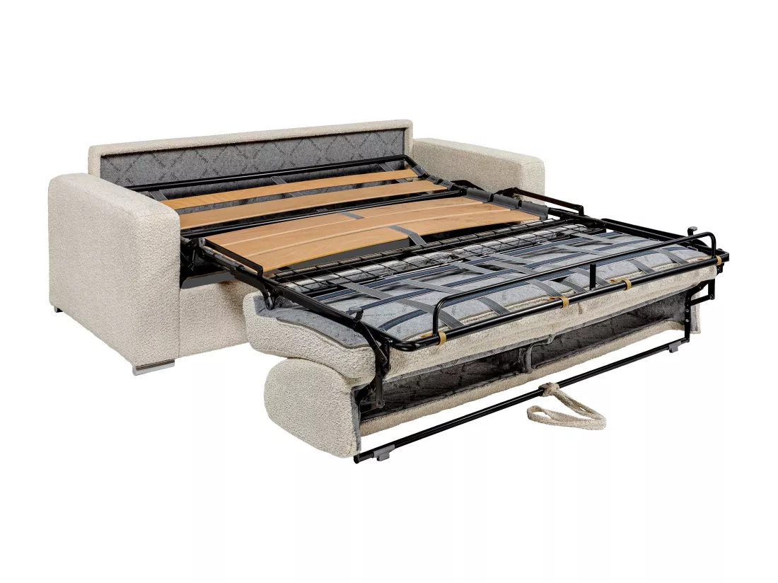 Canapé 4 places convertible express en tissu bouclette beige - Couchage lattes larges 160 cm - Matelas 22 cm CALITO