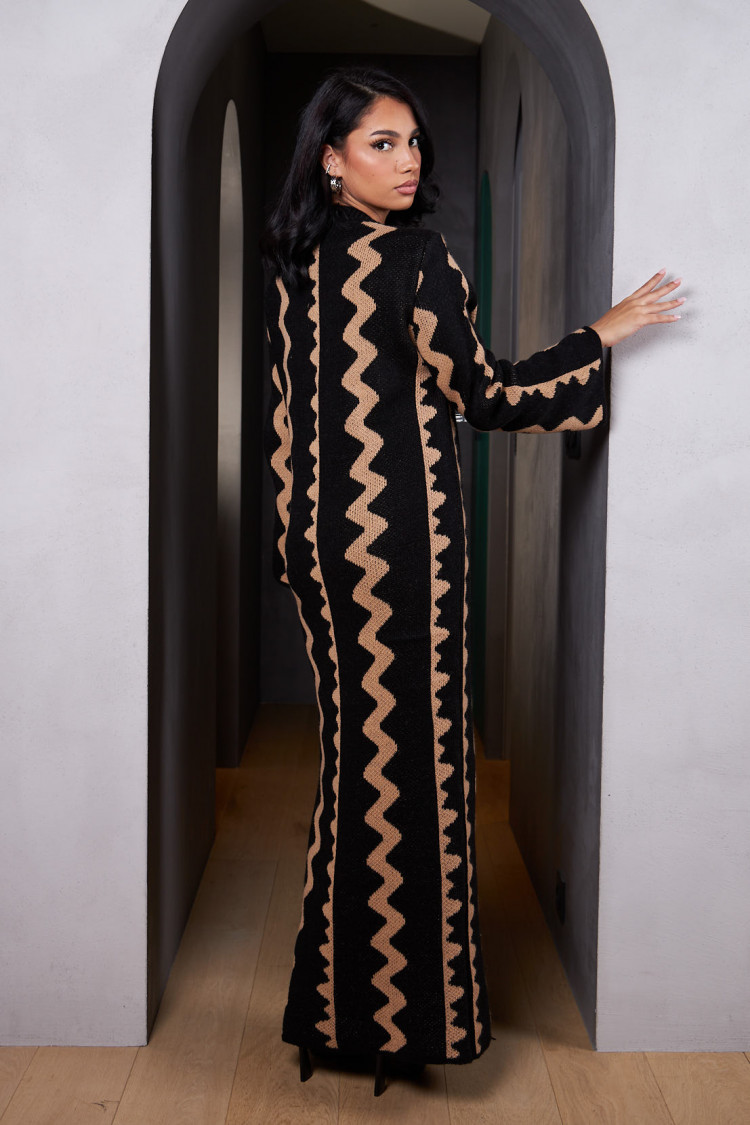 Robe longue à motif bicolore camel et noir