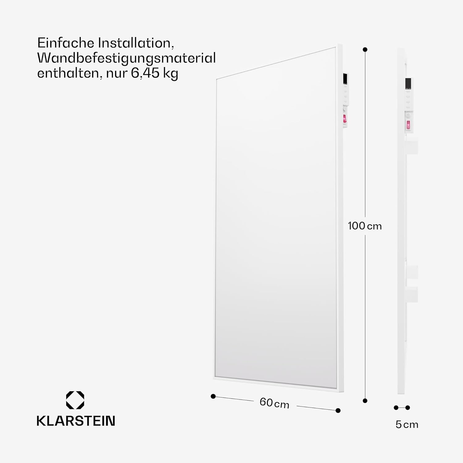 Klarstein Infrarotheizung mit Thermostat, 600W Elektroheizung, Smart Home Infrarotheizung zur Wandmontage, IR mit App-Steuerung & Erkennung Offener Fenster, Effizienter Feuchtraum Heizkörper CO2-Frei