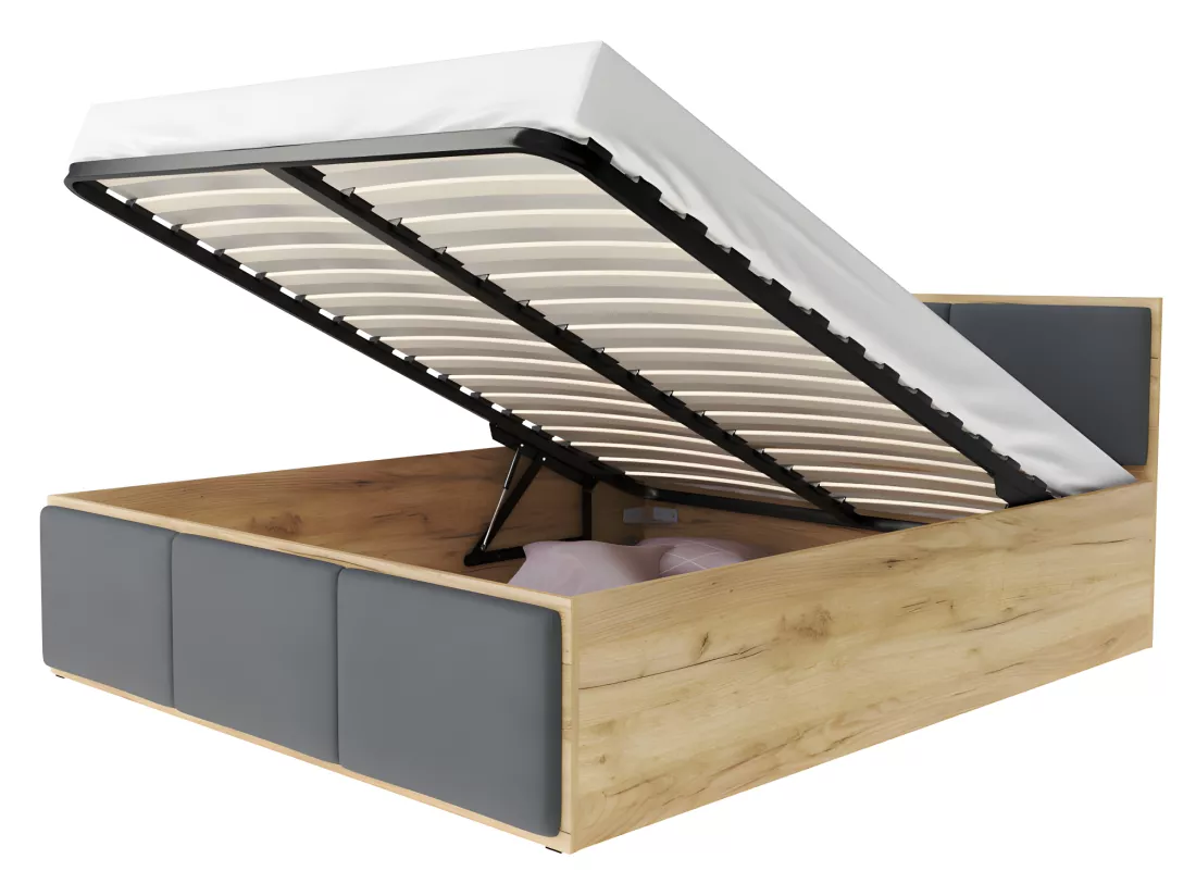 Lit Panama T 160x200 + coffre - Sommier inclus Chêne - gris foncé