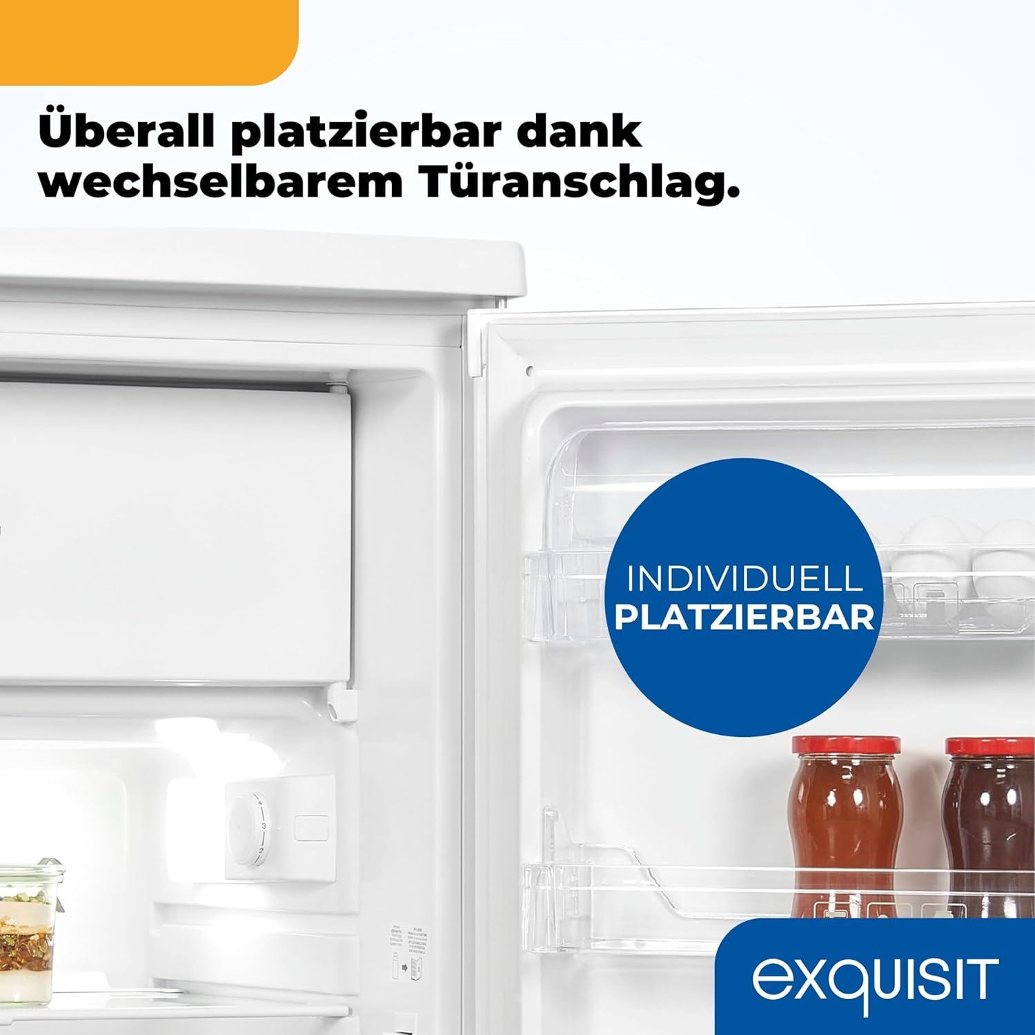 Exquisit Kühlschrank mit Gefrierfach | 109 l Nutzinhalt, Energieklasse E, 40 dB(A) | kompakte Bauform, 4-Sterne-Gefrierfach, LED-Beleuchtung, manuelle Abtauung | KS516-4-E-040E weiss