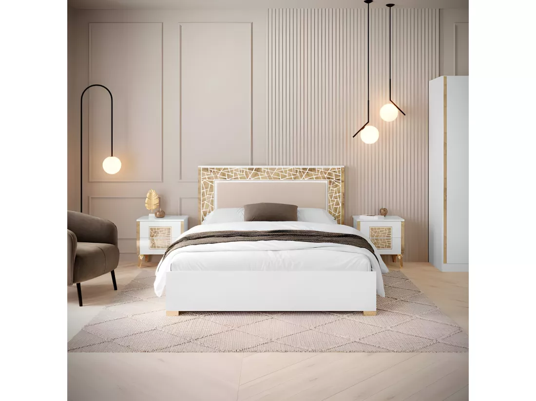 Chambre complète 160x200 Blanc brillant/Or - NAHESA