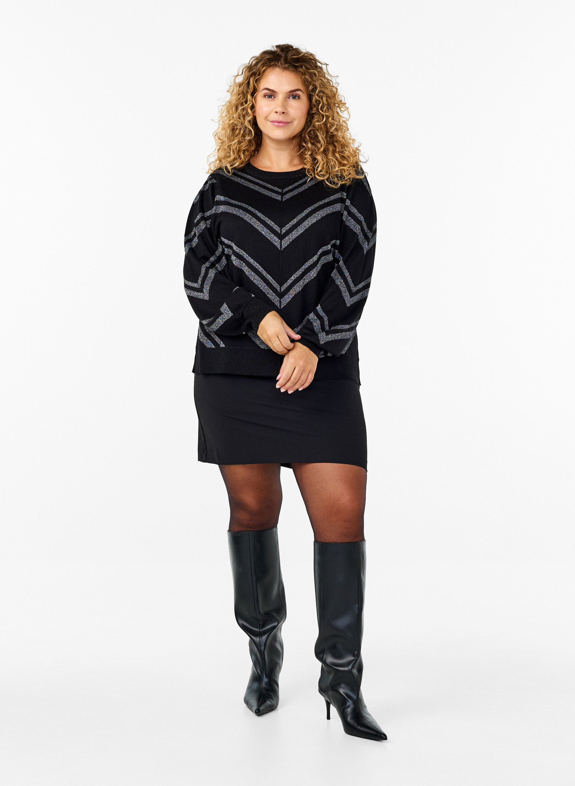 Strikbluse med rund hals og glimmer