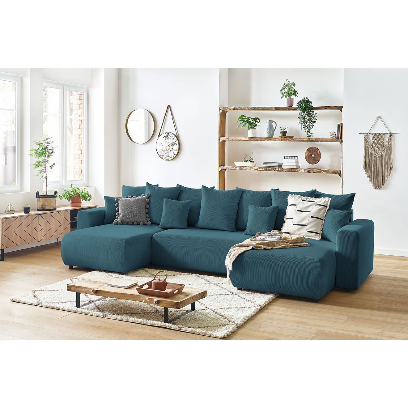 Bobochic Canapé d'angle panoramique convertible coffre Envy bleu foncé - 153/97/153x386x95 cm