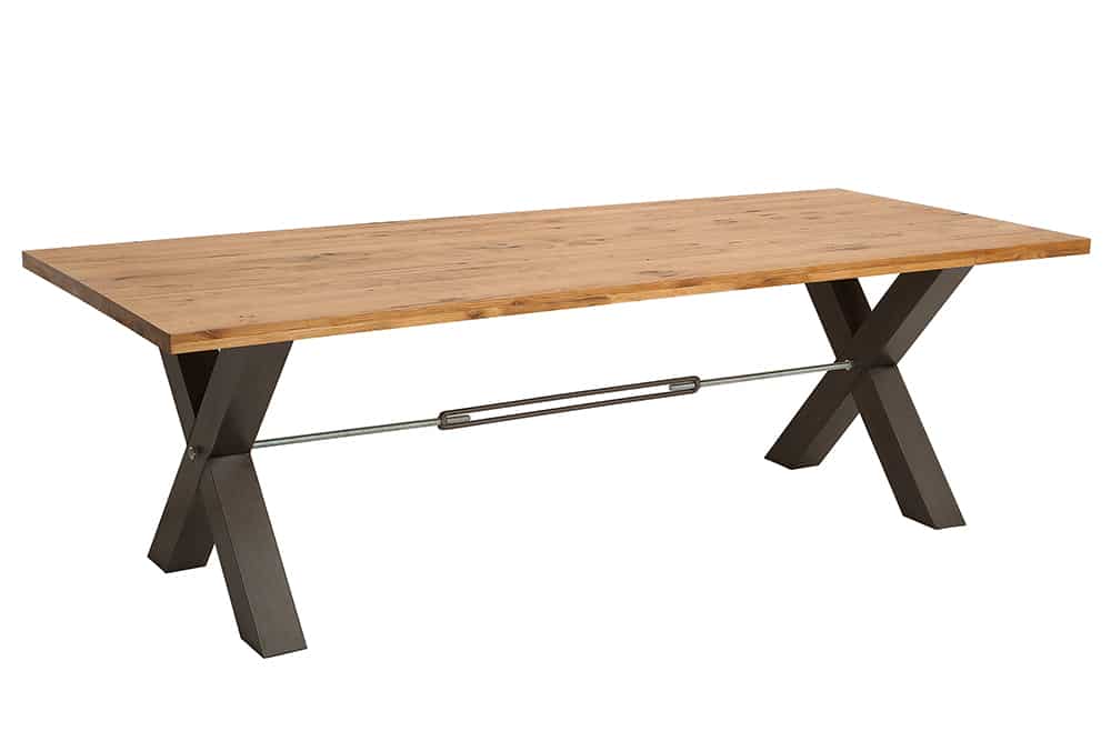 Massivholz Esstisch THOR 200cm natur Wildeiche geölt graues X-Gestell Metall Industrial Design