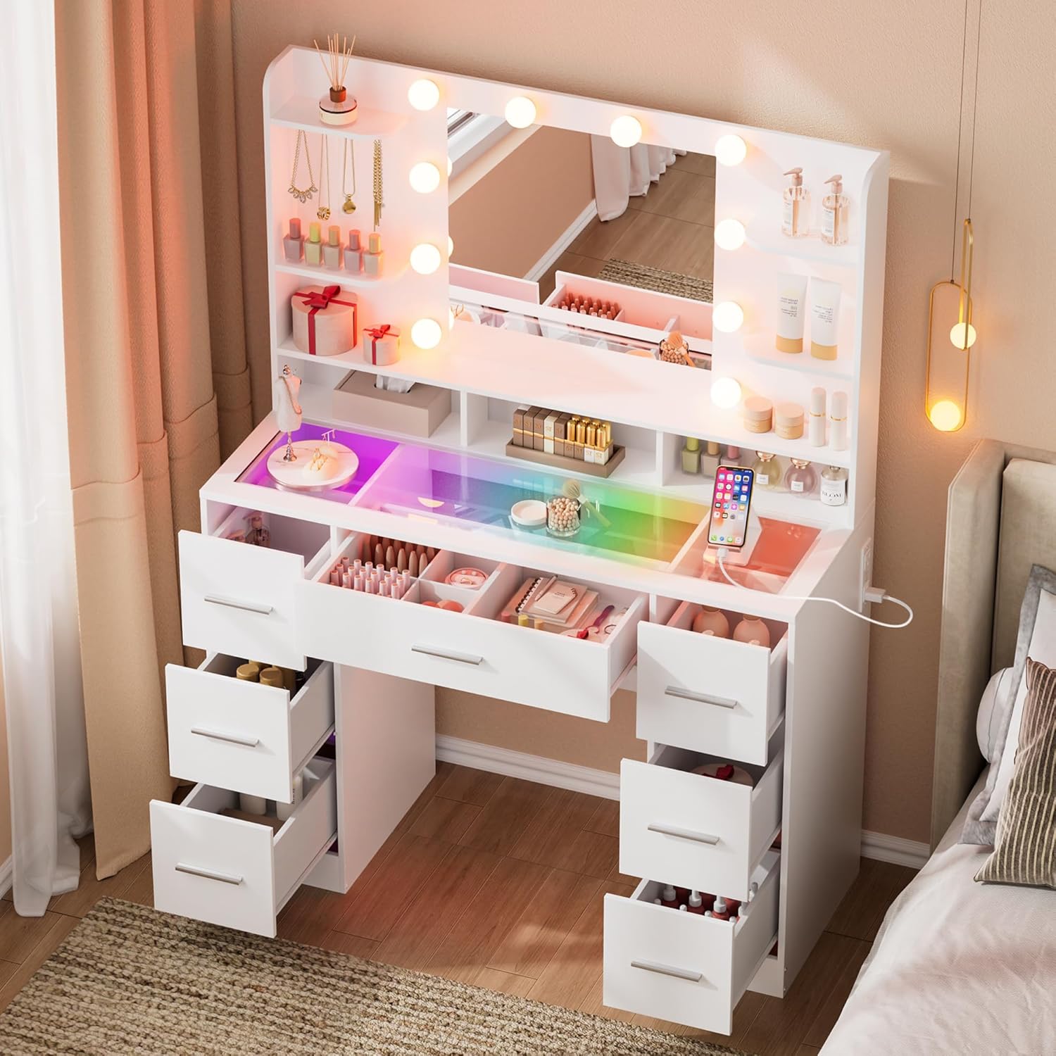 Schminktisch mit LED-Spiegel & Arbeitsplatz, 120x60x175 cm 6 Schubladen inkl. USB-Steckdose, Hollywood-Beleuchtung 3 Modi, 8 Ablagen, 14 Haken, 32 cm Kosmetikschrank, Ohne Hocker (Large 2)